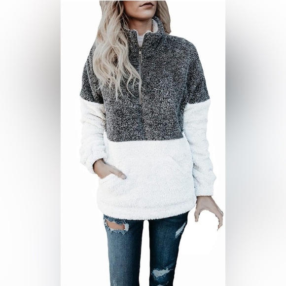 Gray and white fuzzy fleece half zip sweater size xl - Picture 1 of 7